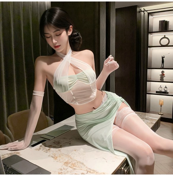 FEE ET MOI - Chic Drawstring Open-Back Hip-Baring Set (White - Green)